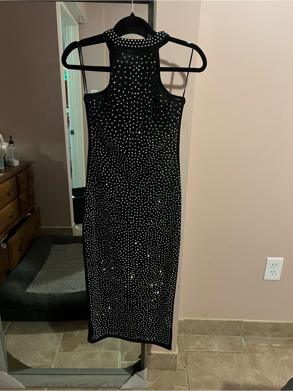 San Joy Black Beaded Halter Midi Dress